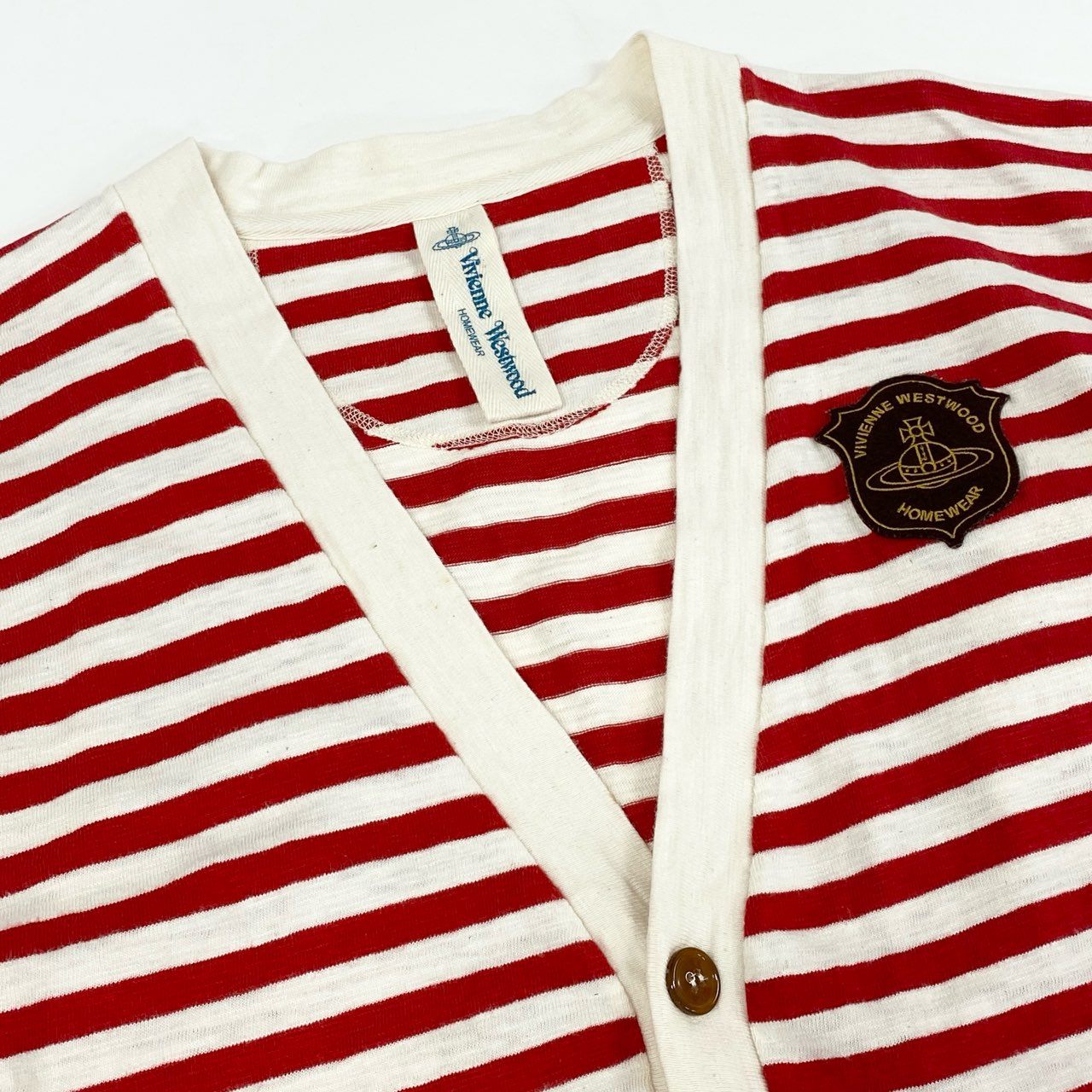 27F24 Vivienne Westwood ヴィヴィアンウエストウッド 長袖カーディガン ニット ボーダー コットンニット オーブ ワッペン メンズ 男性用 12161JO2 L レッド×ホワイト 綿100%