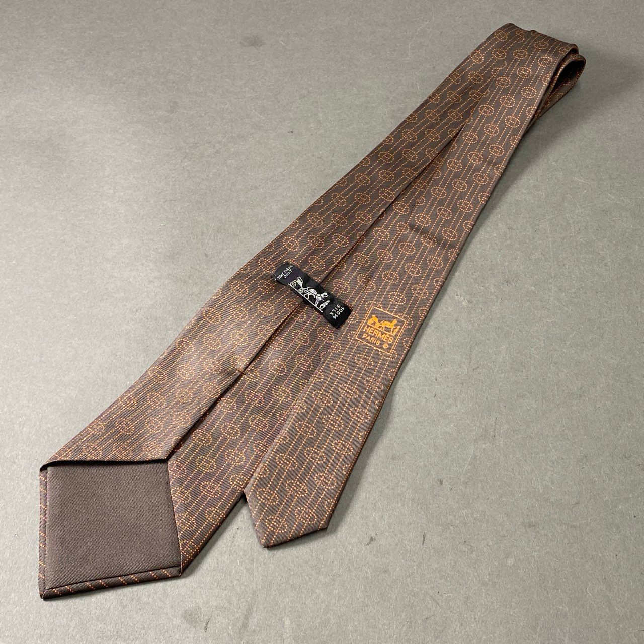 1f12 【美品】 HERMES エルメス Hロゴ エルメスオレンジ シルクネクタイ ブラウン シルク100% メンズ