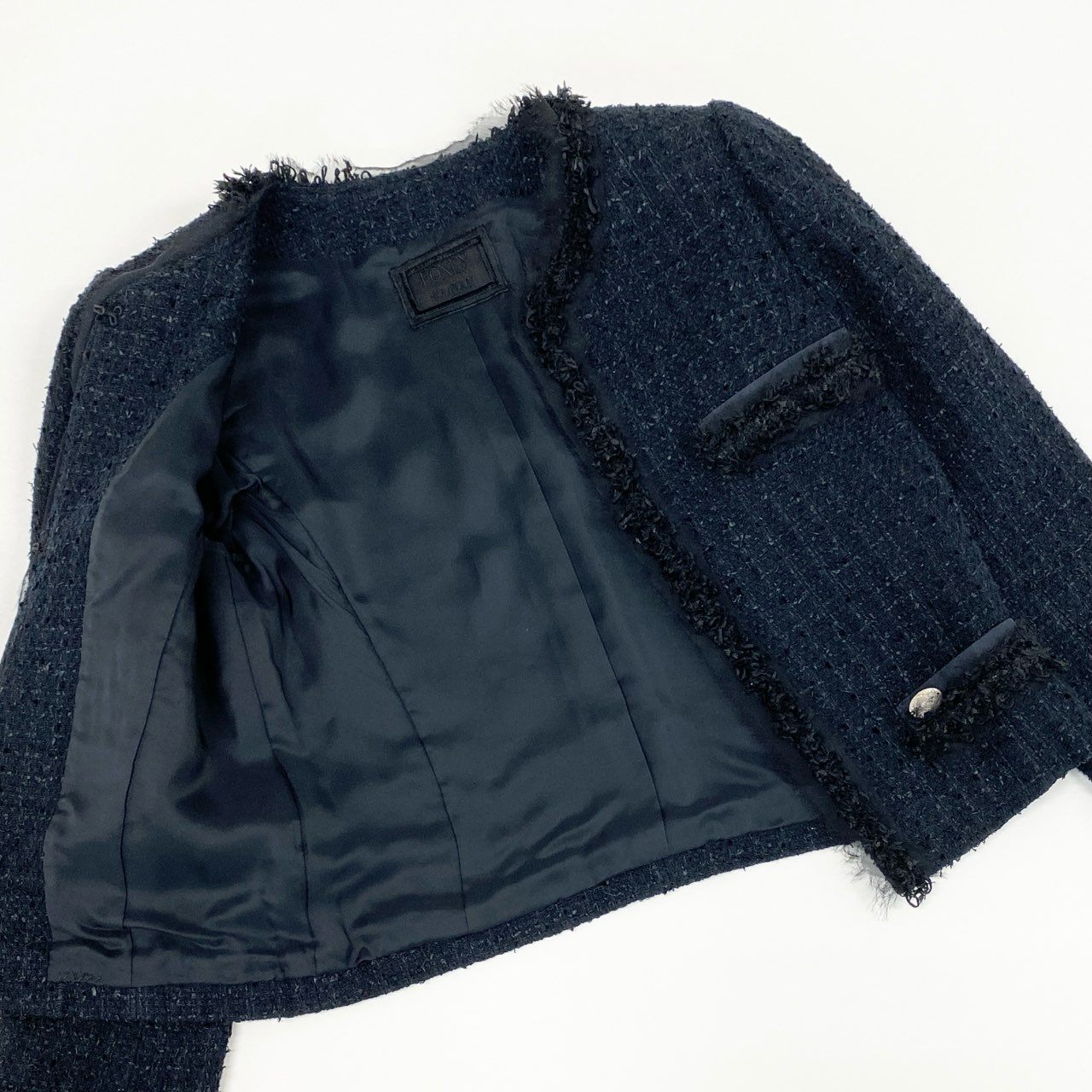 76a14 《美品》 FOXEY フォクシー クラシックツイード セットアップ ノーカラージャケット スカート 35283 38 ミッドナイトブルー セレモニー 日本製 結婚式