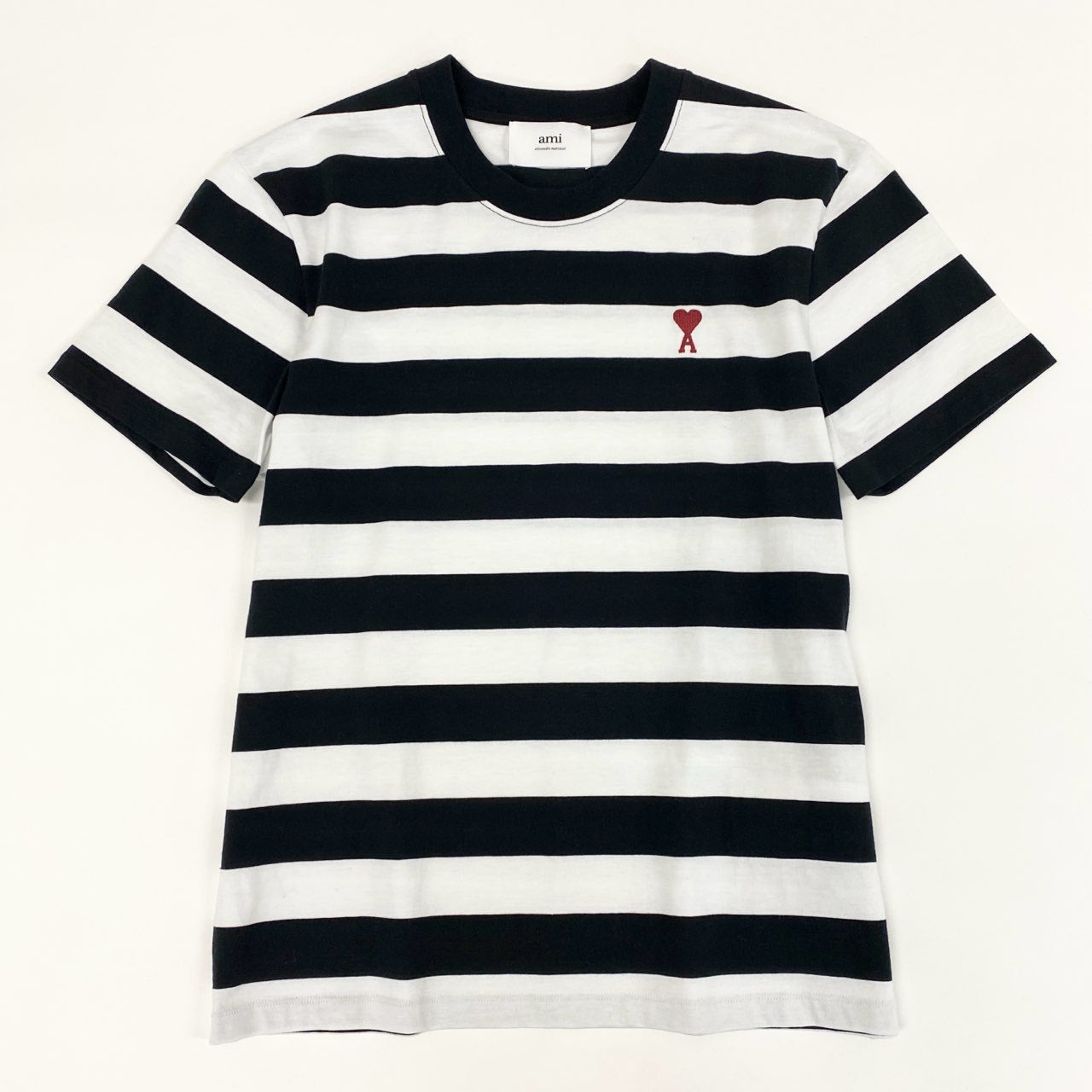 5c21 AMI PARIS アミパリス ストライプ コットンジャージーTシャツ ロゴ刺繍 ユニセックス クルーネック 半袖カットソー M ブラック ホワイト