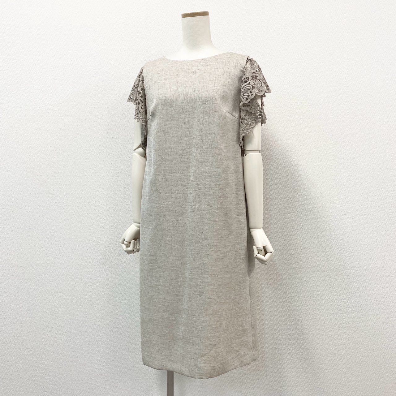 64d30 《極美品》 NEMIKA ネミカ レリアン 半袖ワンピース ロングワンピース 袖レース切替 サイズ11号 ベージュ ポリエステル100% レディース 日本製