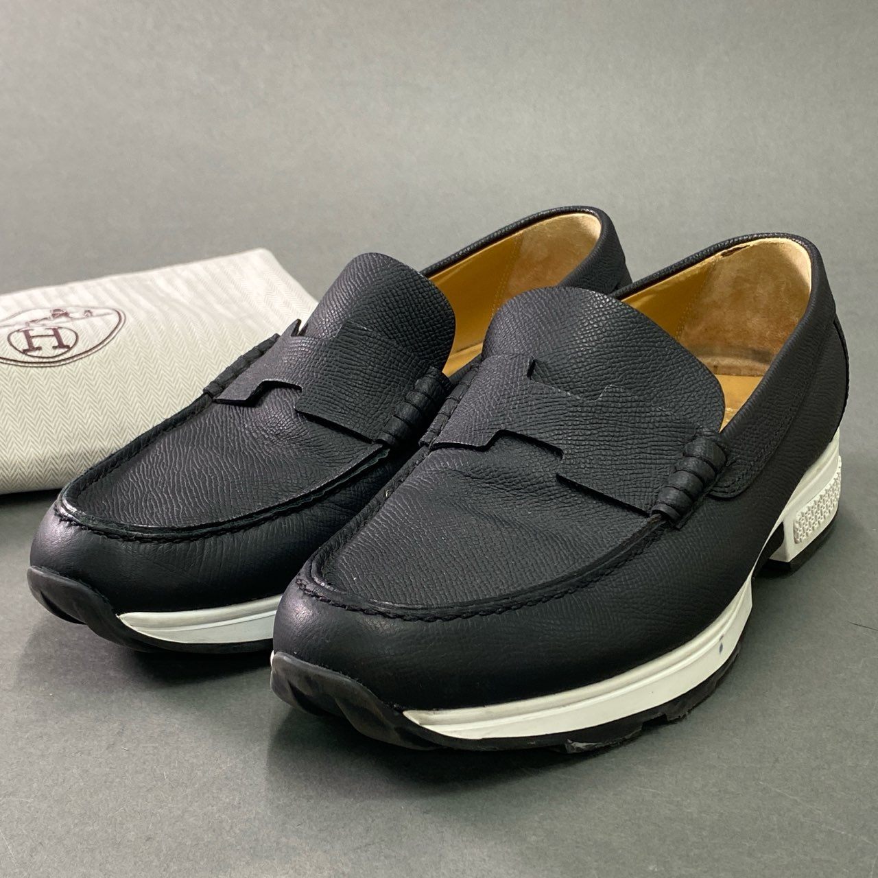 7b7 HERMES エルメス フラットシューズ スリッポン レザースニーカー Leather Hロゴ 保存袋付属 41 ネイビー
