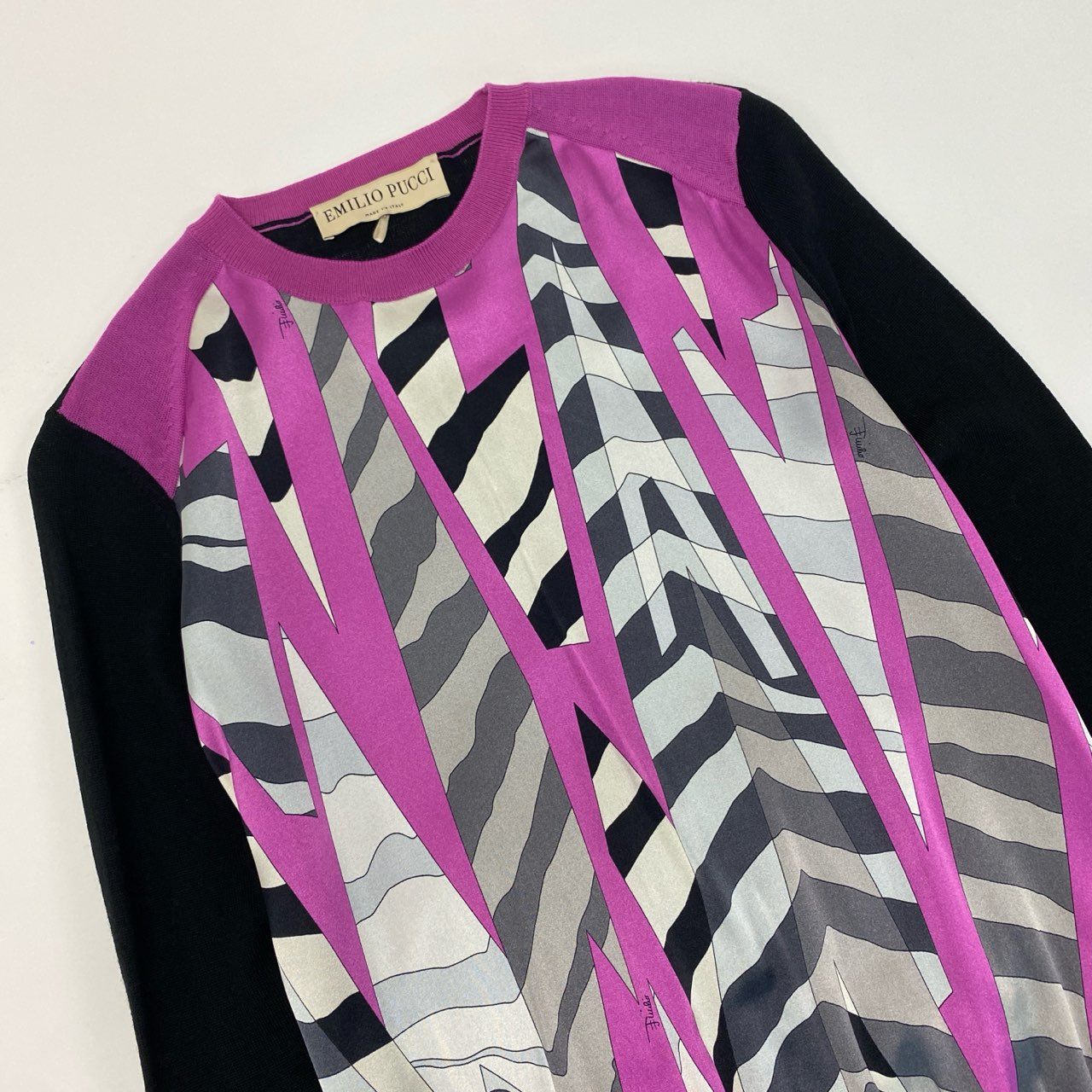 14j9 EMILIO PUCCI エミリオプッチ イタリア製 切替 ニットセーター クルーネック 総柄プリント ロングスリーブ 薄手 シルクウール 56KR60 XS ブラックu02t