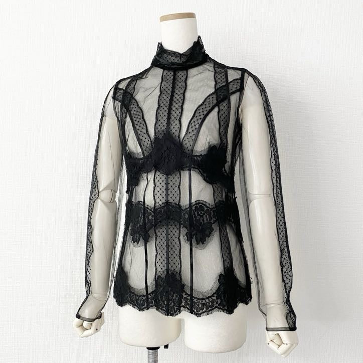 55i26 DOLCE&GABBANA ドルチェアンドガッバーナ レーストップス 長袖ブラウス チュール シアー素材 サイズ40 ブラック レディース イタリア製