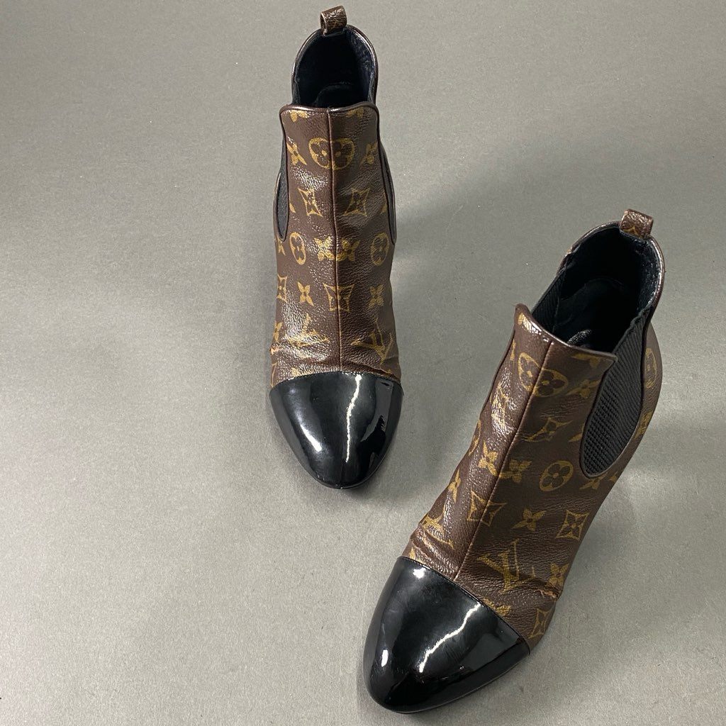 9f13 LOUIS VUITTON ルイヴィトン モノグラム サイドゴア ヒールブーツ 37 ブラウン ブラック イタリア製 シューズ ブーティ