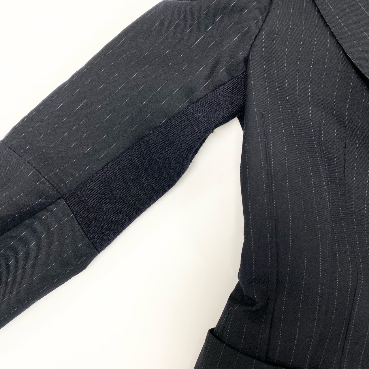 53h27 JUNYA WATANABE COMME des GARCONS ジュンヤワタナベ コムデギャルソン ニット切替 変形チェスターコート 日本製 ストライプ JJ-C006 Sサイズ ブラック ウール レディースo07t