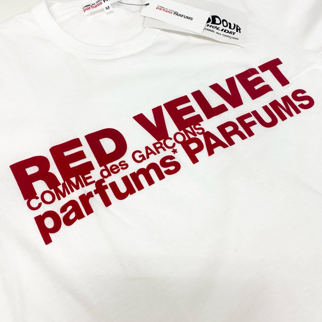 55h28」《極美品》COMME des GARCONS parfums PARFUMS コムデギャルソンパルファム RED VELVET 半袖Tシャツ ロゴ AD2019 OD-T202 Mサイズ ホワイト レッド レディース 女性用k02i