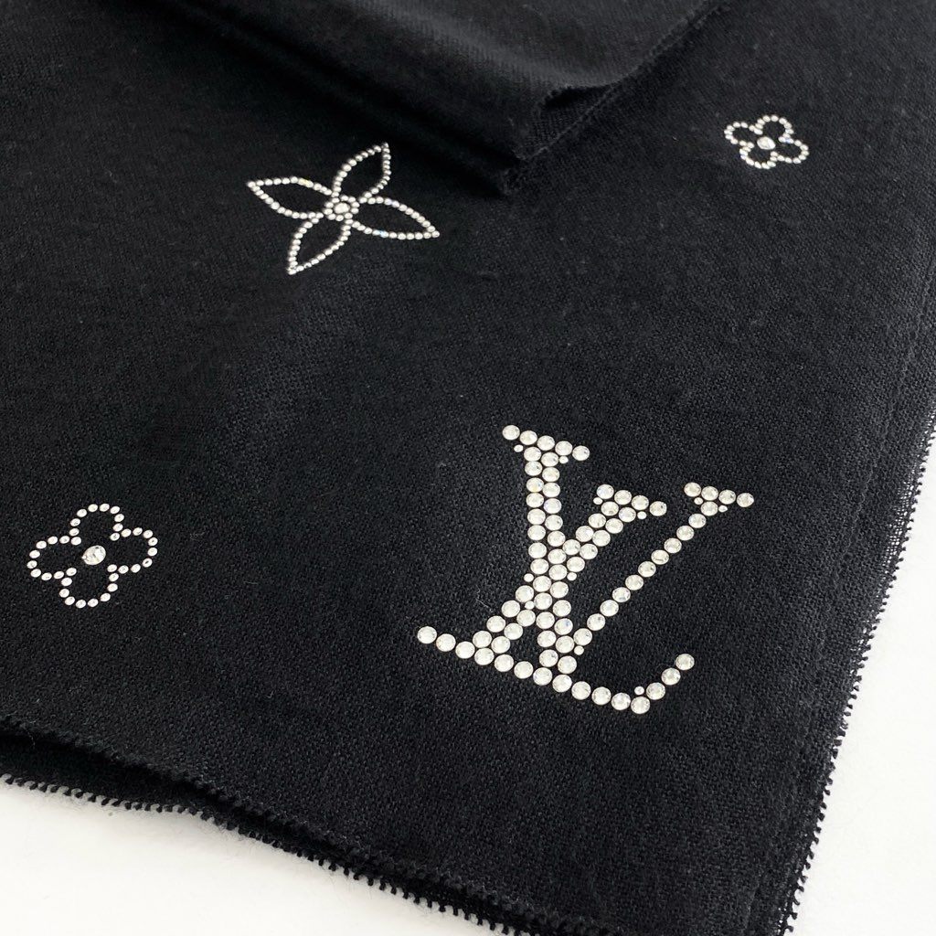 1f8 LOUIS VUITTON ルイヴィトン エトール モンテカルロ カシミヤ100% ラインストーン マフラー ストール M74268 ブラック cashmere LV イタリア製 ショール