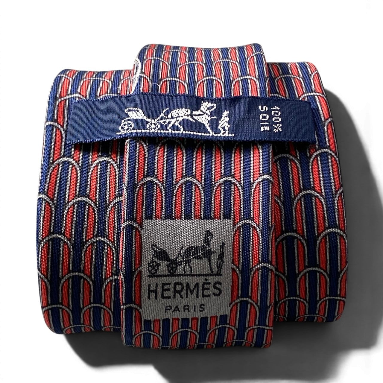 g18 HERMES エルメス ネクタイ 総柄 フランス製 レッド ネイビー シルク100% メンズ 男性用u02t