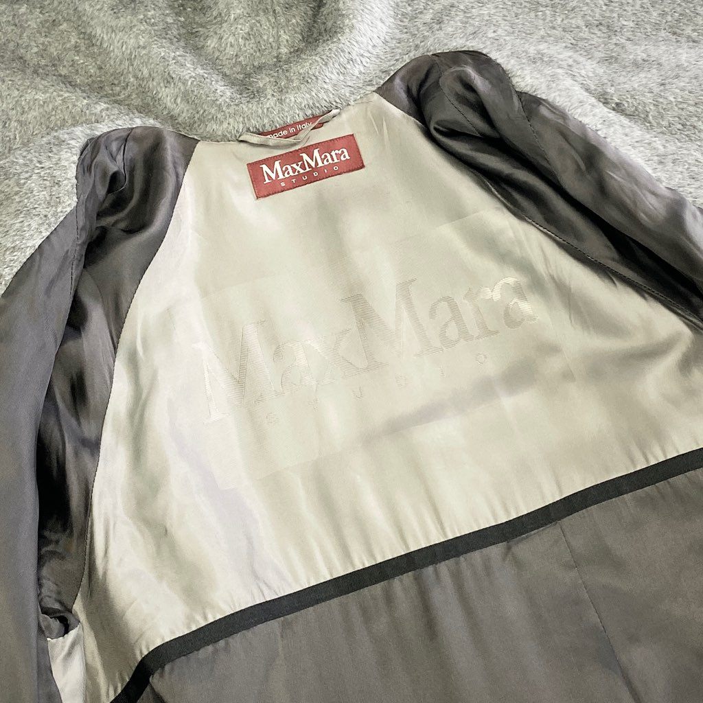 25k7 【イタリア製】MaxMara STUDIO マックスマーラ スタジオ アルパカコート フォックスファー フーデッドコート サイズ42 グレー レディース 女性用 アウター コート