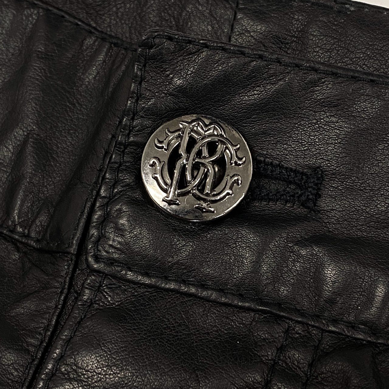 12b19 roberto cavalli ロベルトカヴァリ イタリア製 レザーパンツ カンガルーレザー リアルレザー leather ロングパンツ ボタンフライ 50 ブラック