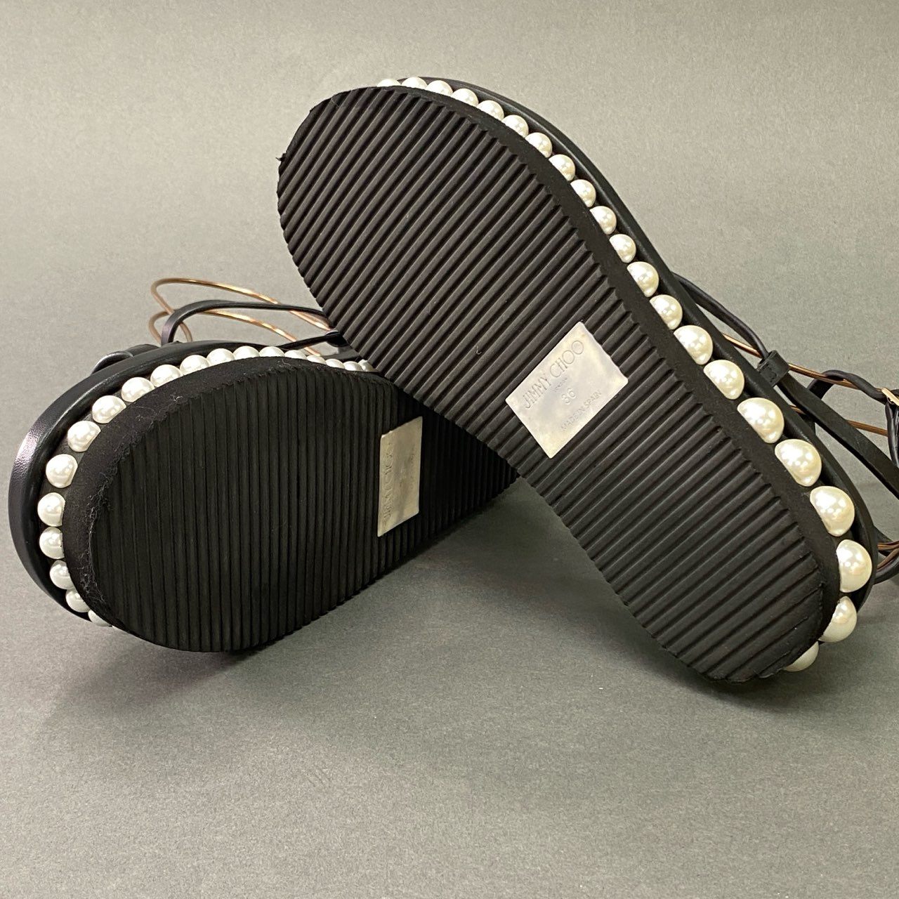 6a6 《美品》 JIMMY CHOO ジミーチュウ パール装飾 ストラップサンダル 36 ブラック レザー 厚底 スペイン製 シューズ 靴