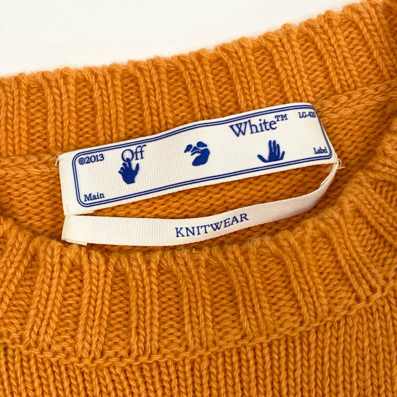 73j28 off White オフホワイト イタリア製 KNITWEAR ロングスリーブ ニットセーター ウールニット チェック柄 M オレンジ 羊毛o07t