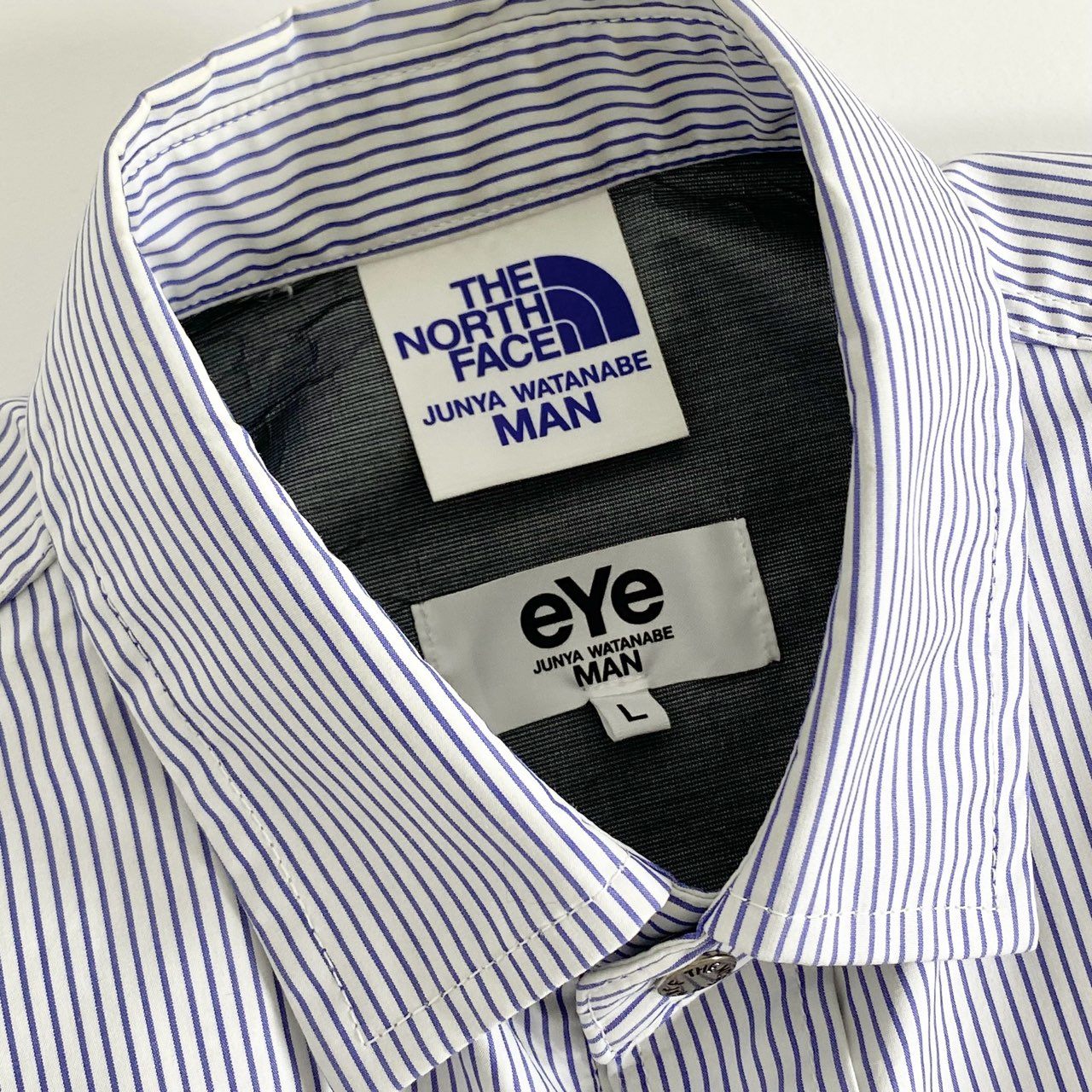 82j4 eYe COMME des GARCONS JUNYA WATANABE MAN THE NORTH FACE ジュンヤワタナベ ノースフェイス 22SS 耐久防風性ラミネート加工シャツジャケット ストライプ WI-B906 L ブルー