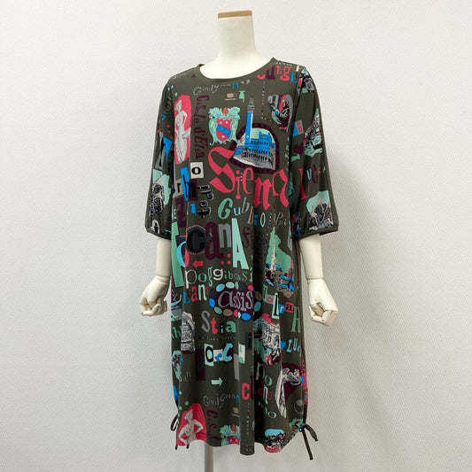 70i2 TOKUKO 1er Vol トクコプルミエヴォル 日本製 総柄プリント 七分袖チュニック ワンピース トップス 9 Mサイズ カーキ系 レディースo07t