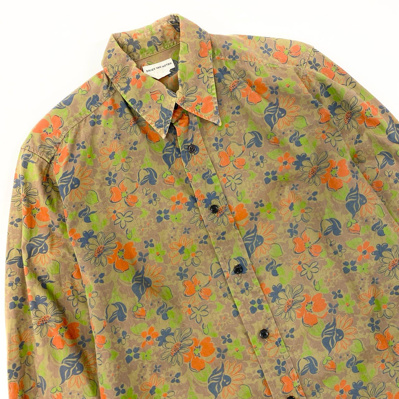 16j20 DRIES VAN NOTEN ドリスヴァンノッテン 長袖シャツ 花柄シャツ トップス ベルギー製 サイズ46 グリーン コットン メンズu02t