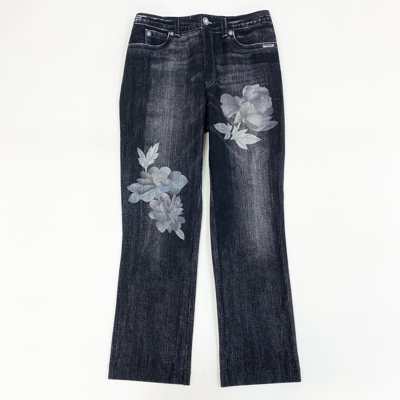 80g23 【美品】 LEONARD レオナール ボトムス デニム柄 花柄 テーパードパンツ オールストレッチ レディース 女性用 0563801 40 ブラック【中古】