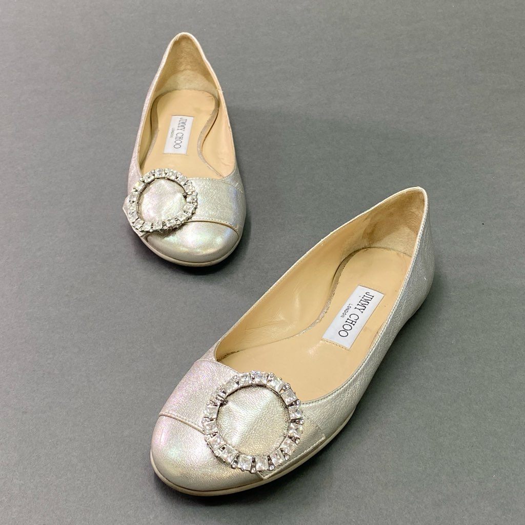 3d7 JIMMY CHOO ジミーチュウ フラットシューズ バレエシューズ メタリック ビジューバックル パンプス ラウンドトゥ 36 シルバー