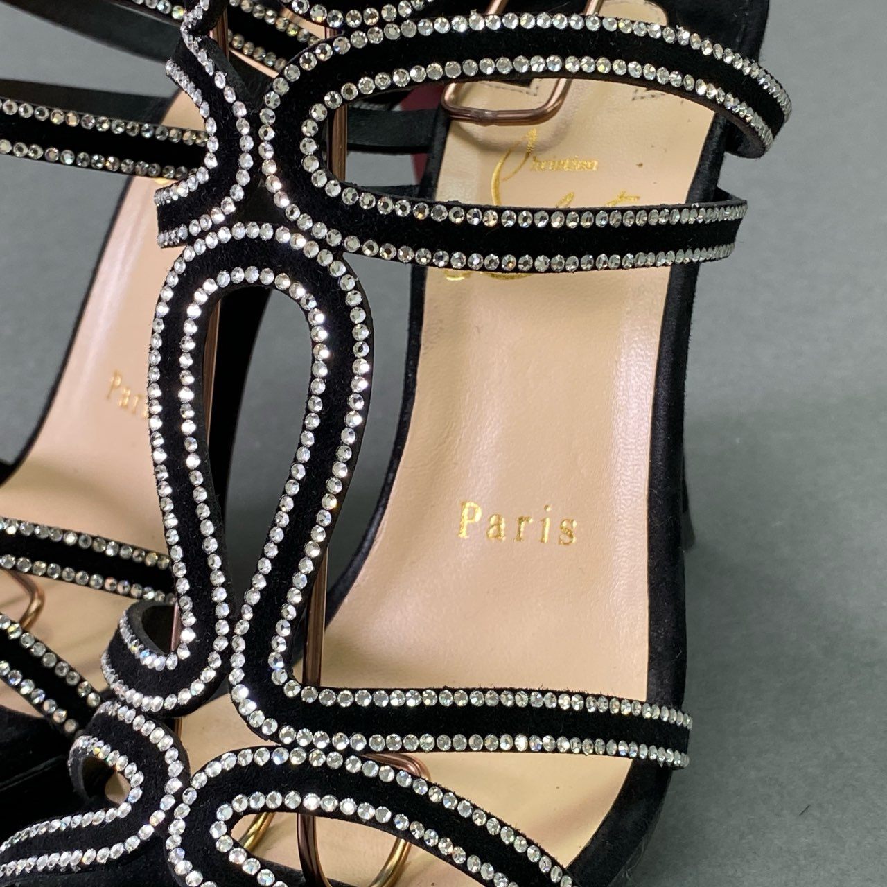 5e30 《極美品》 Christian Louboutin クリスチャンルブタン RENEE STRASS 100 ラインストーン クリスタルヒールサンダル 36 ブラック スエードレザー パンプス 箱付き