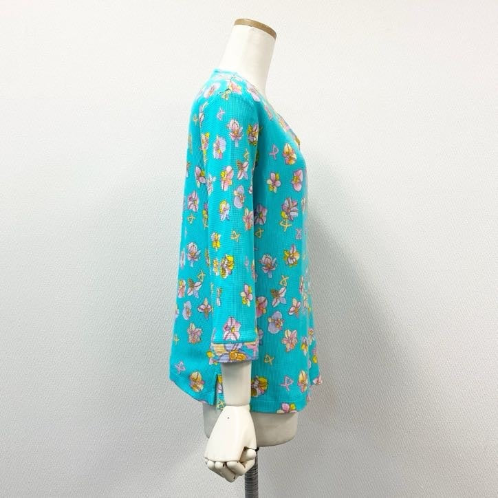 80g23 【美品】 LEONARD レオナール 七分袖カットソー トップス ストレッチ Vネックカットソー コットン 花柄 レディース 女性用 0528252 42 グリーン マルチカラー 綿100%