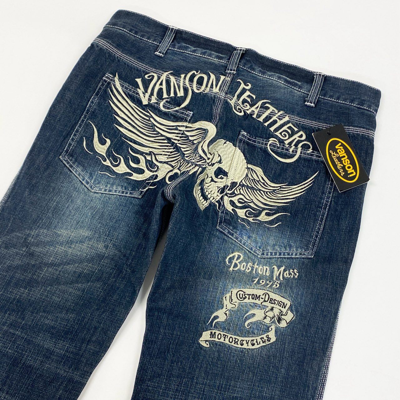 3a27 《未使用保管品》タグ付 VANSON バンソン スカル ウィング 刺繍 USED加工 デニムパンツ ジーンズ ボトムス SP-B-14 34 インディゴブルー コットン