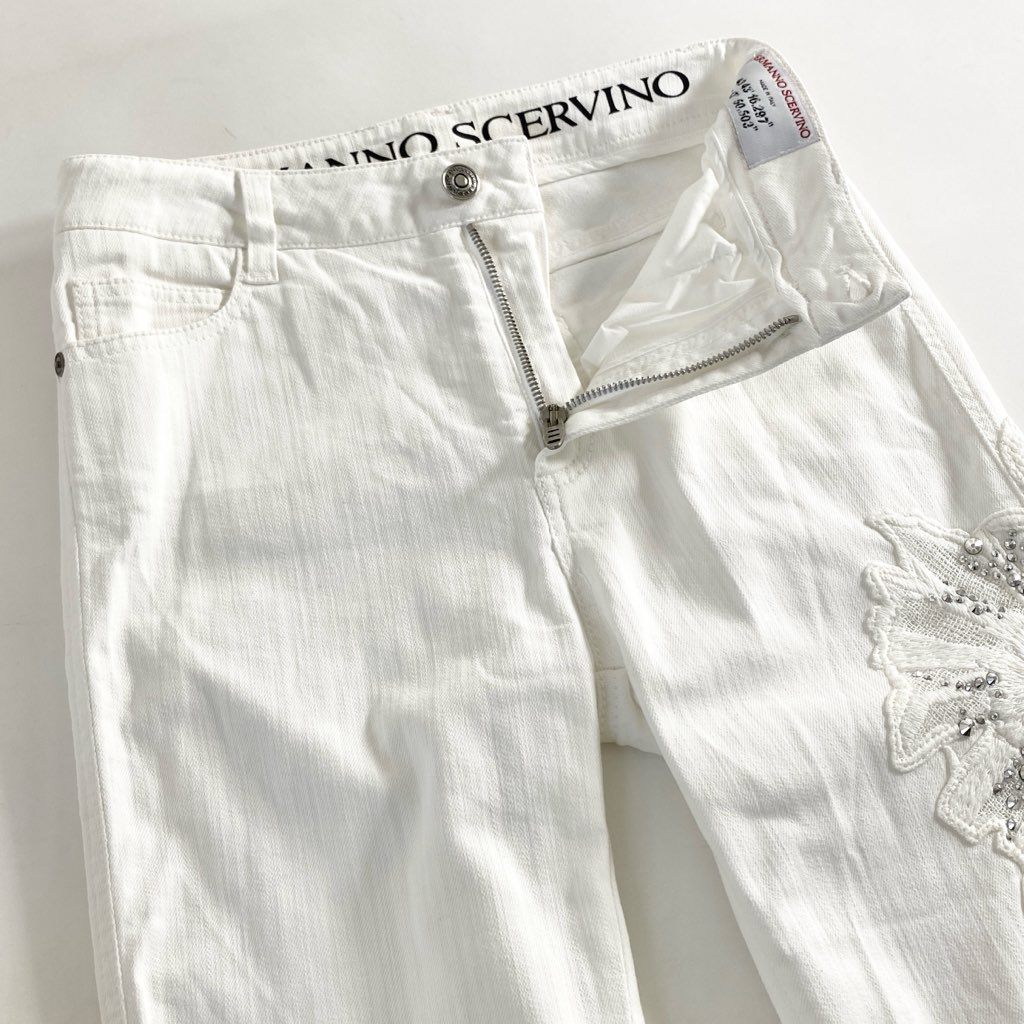 32d5 ERMANNO SCERVINO エルマンノ シャルヴィーノ ラインストーン付き フラワー刺繍 ストレッチスキニーパンツ 36 ホワイト イタリア製