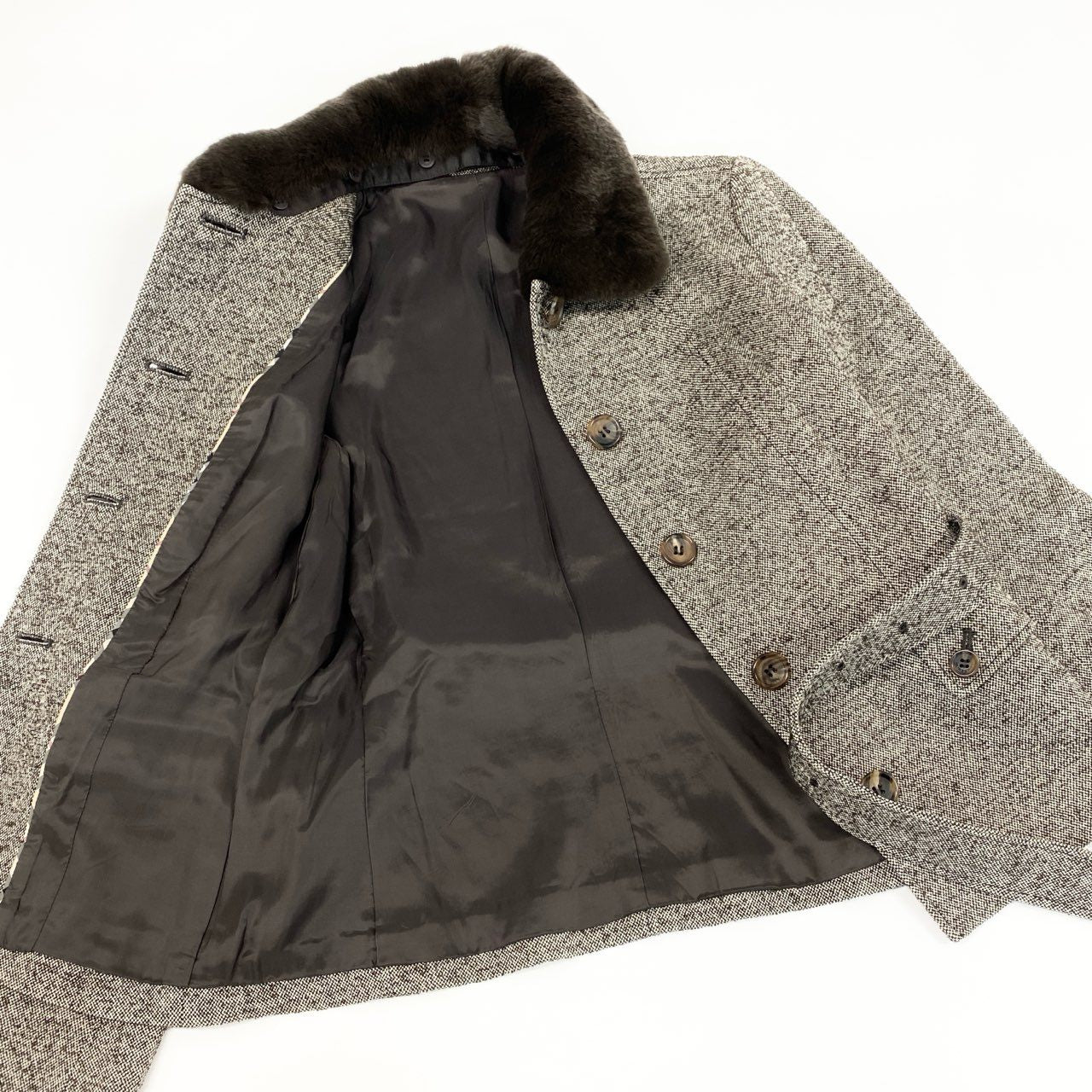 17e7 BURBERRY LONDON バーバリーロンドン ネップツイード リアルファー襟 ジャケット パンツ セットアップ サイズ38/パンツ36 ブラウン レディース 女性用