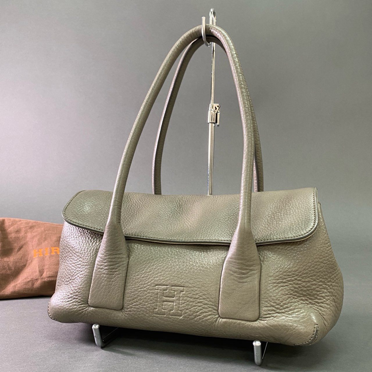 Cj28 定価¥96,800 HIROFU ヒロフ ペルーシェ レザーハンドバッグ グレー ソフトバケッタ Leather フォーマル イタリア製