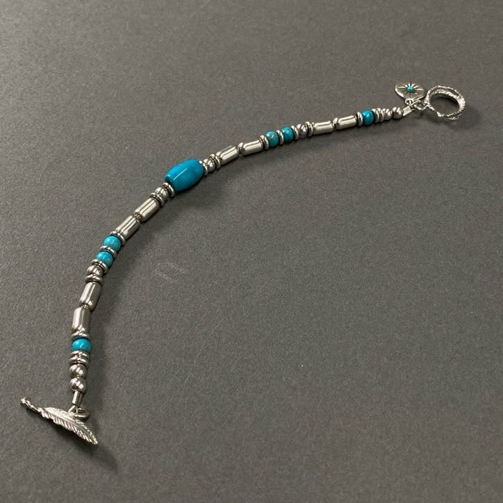 h17-⑦ SAAD サード ターコイズビーズ × シルバービーズ ブレスレット 18cm フェザー バングル アクセサリー ジュエリー