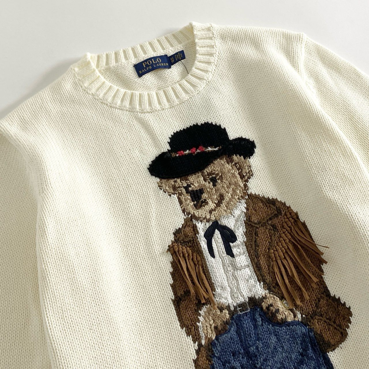 35g28 《極美品》 タグ付 POLO RALPH LAUREN ポロラルフローレン ポロベア クルーネック ニット セーター トップス フリンジ XS ホワイト クリーム系 コットン