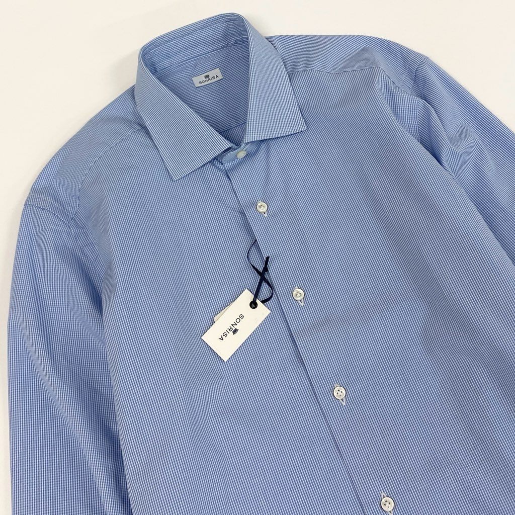 7f8 《未使用品》タグ付 SONRISA ソンリーサ ワイドカラー ドレスシャツ 長袖シャツ チェック柄 ビジネス◎ 大きいサイズ 42 16 1/2 ブルー コットン