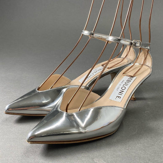 3f2 NEBULONI E. ネブローニ ポインテッドストラップサンダル ミュール パンプス 37 メタリック シルバー イタリア製