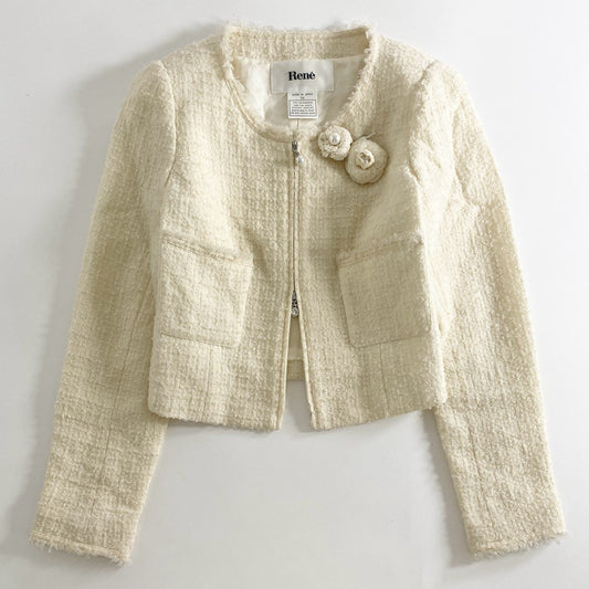 40d15 《美品》 Rene ルネ ツイードジャケット ノーカラージャケット セレモニージャケット ジップツイードカーディガン パールジップ 6743190 サイズ34 クリーム レディース 日本製 春