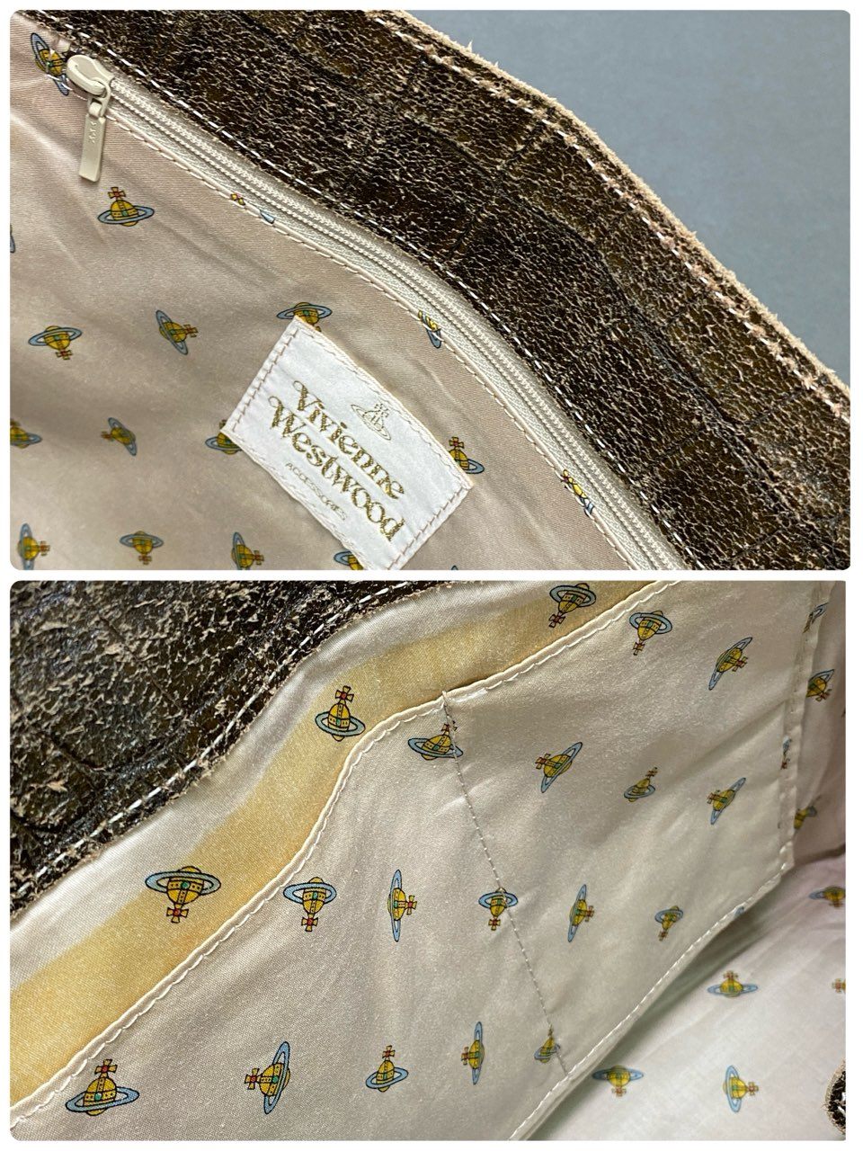 Ac6 Vivienne Westwood ヴィヴィアン ウェストウッド ORB オーブアイコン クラックレザー トートバッグ ブラウン Leather ショルダーバッグ クロコ型押し カバン 保存袋付属