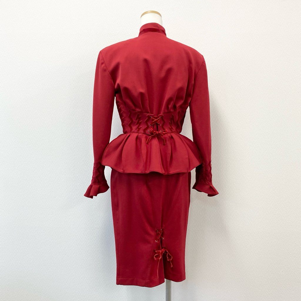63d8-3 Thierry mugler ティエリー ミューグレー ジャケット/スカート スーツ セットアップ レースアップ フレア ボウタイ 変形デザイン サイズ9AR/63-90 レッド ウール100% レディース 日本製