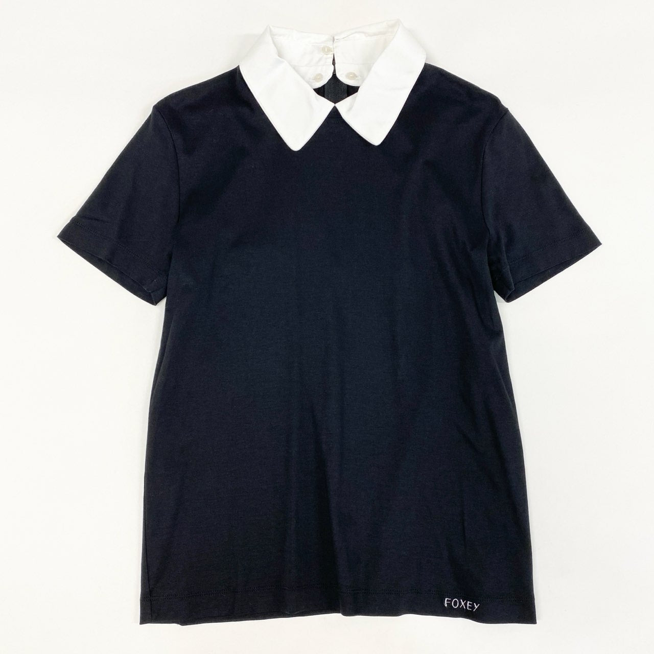 64d30 FOXEY NEW YORK フォクシーニューヨーク 半袖カットソー Tシャツ トップス 白襟 サイズ38 ブラック 襟取外し可能 レディース