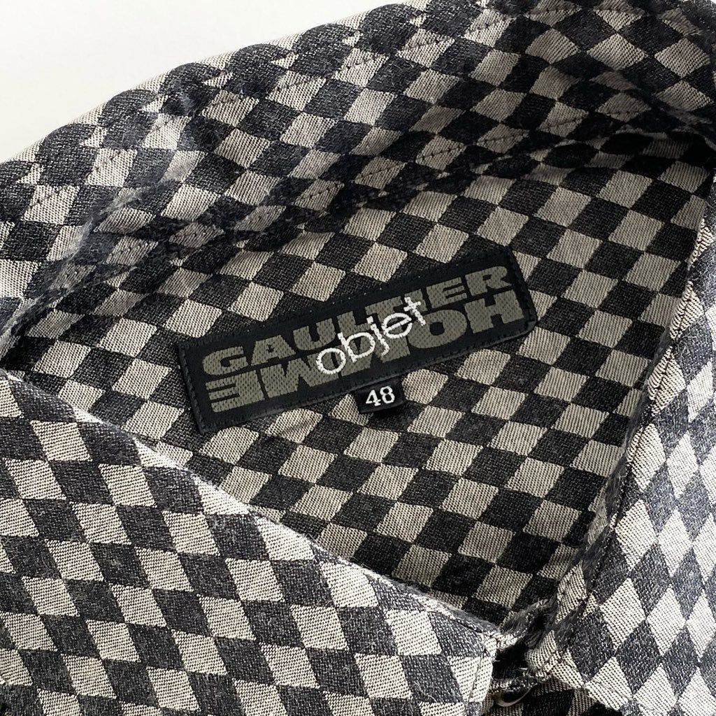 52f20 GAULTIER HOMME objet ジャンポールゴルチエ 長袖シャツ トップス ダイヤ柄 サイズ48 ブラック×グレー コットン100% メンズ
