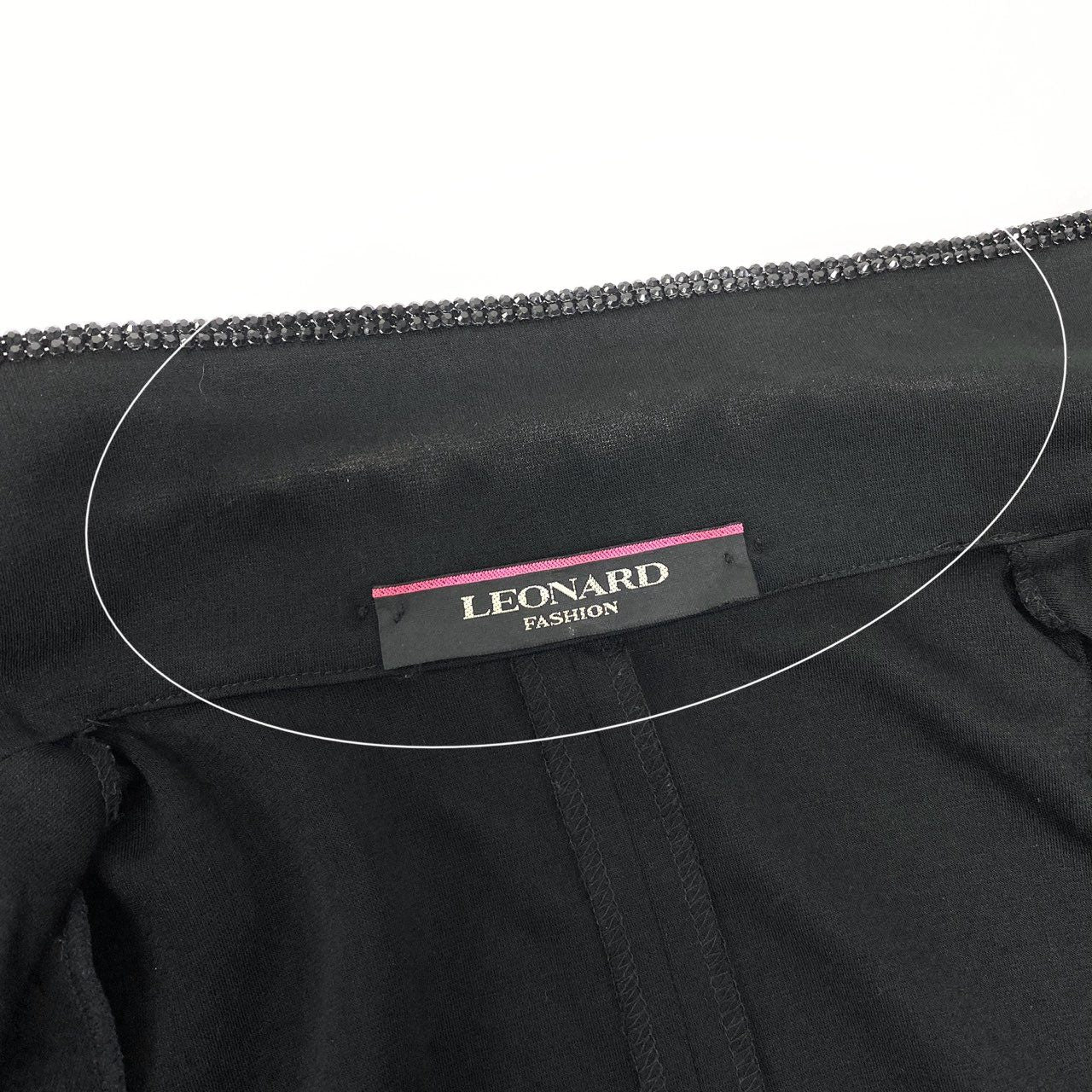 61c9 LEONARD FASHION レオナール ロングジャケット カーディガン ロングスリーブ カンカン素材 ワンポイントロゴ ラインストーン レディース 女性服 サイズ42 ブラックu02t