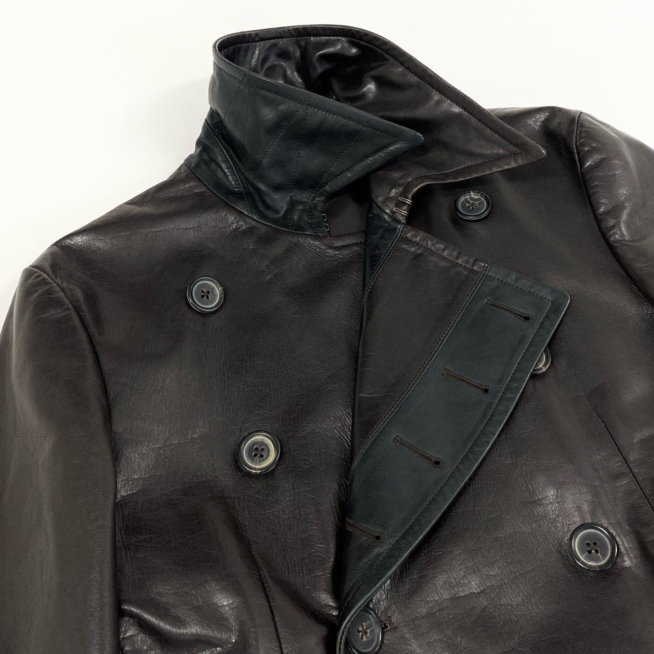 77d30 Paul Smith COLLECTION ポールスミスコレクション カウレザー ベルテッドロングトレンチコート アウター バイカラー Lサイズ ブラウン ブラック 牛革