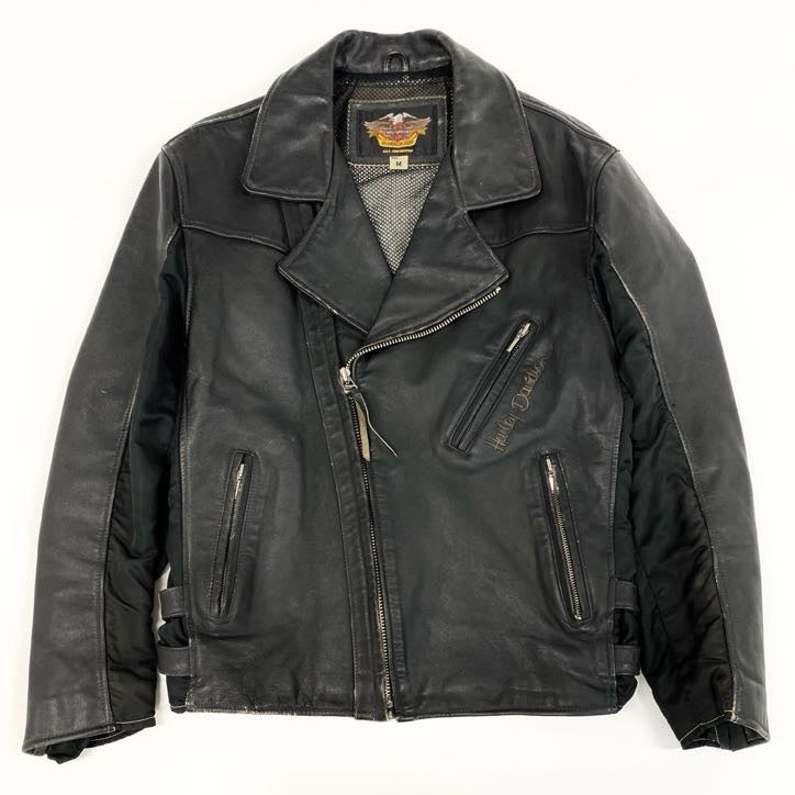 67g24 HARLEY DAVIDSON ハーレーダビッドソン 90周年記念 ダブルライダースjケット レザー ロゴ刺繍 M ブラック 牛革 メンズ_