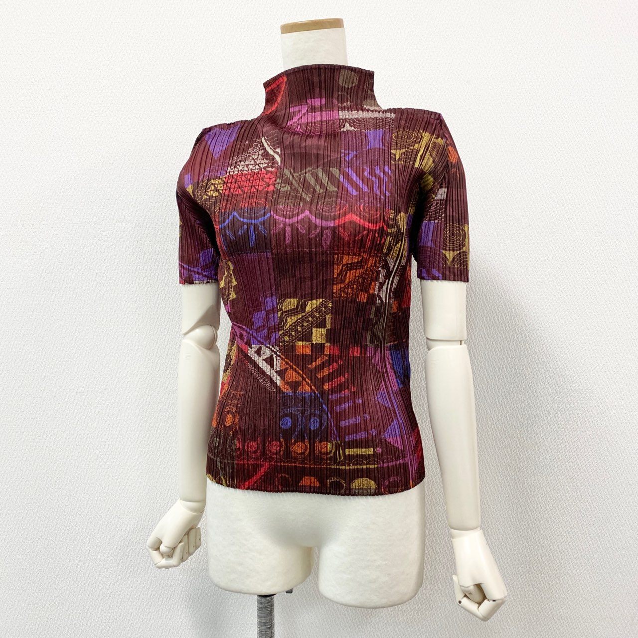 47b28 【美品】 PLEATS PLEASE プリーツプリーズ イッセイミヤケ 総柄プリーツカットソー トップス PP71-JK581 サイズ3 マルチカラー ポリエステル100% レディース