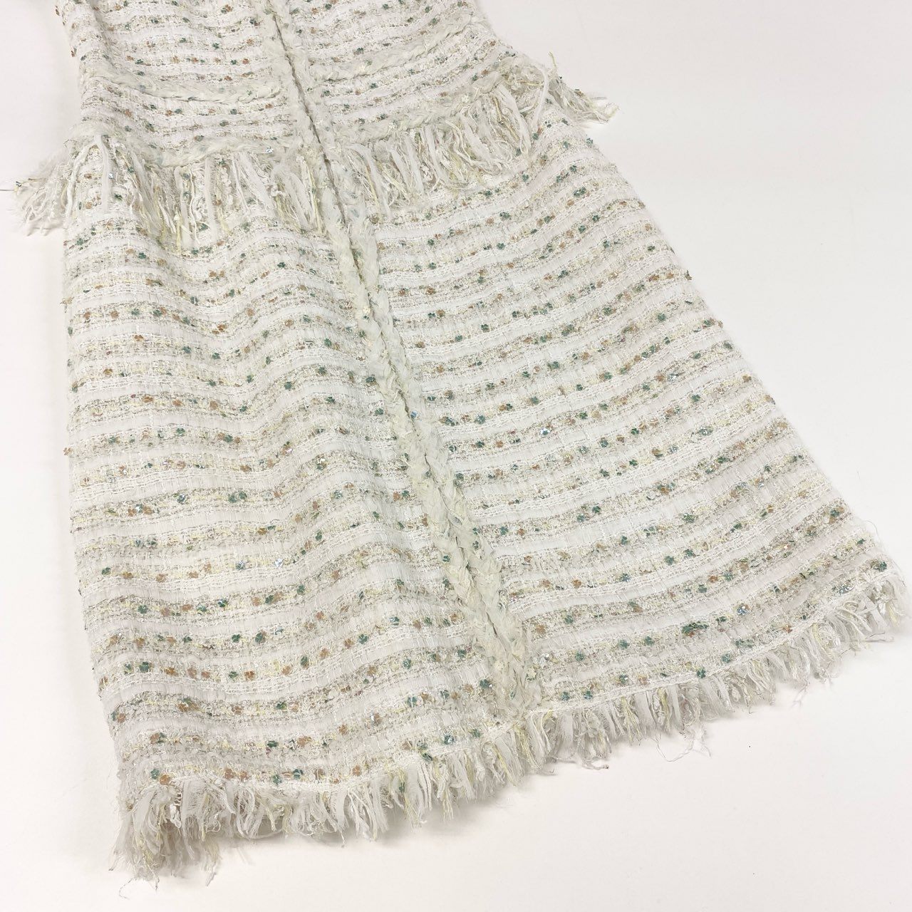 62g18 《美品》 Rene ルネ スパンコール × ツイード フロントジップ ノースリーブワンピース 34 ホワイト フリンジ ドレス