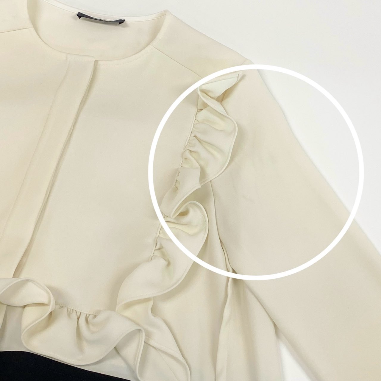 57f27 【美品】YOKO CHAN ヨーコチャン ロングスリーブ フリルトリムドレス 長袖ワンピース サイズ38 オフホワイト ブラック レディース ワンピ