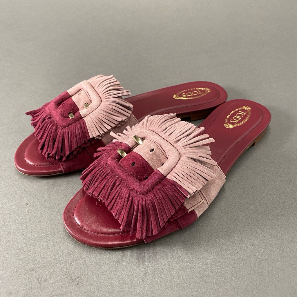 3i10 《美品》 TOD'S トッズ イタリア製 フリンジ スライド サンダル フラット シューズ 39 1/2 パープル系 スエード レザー
