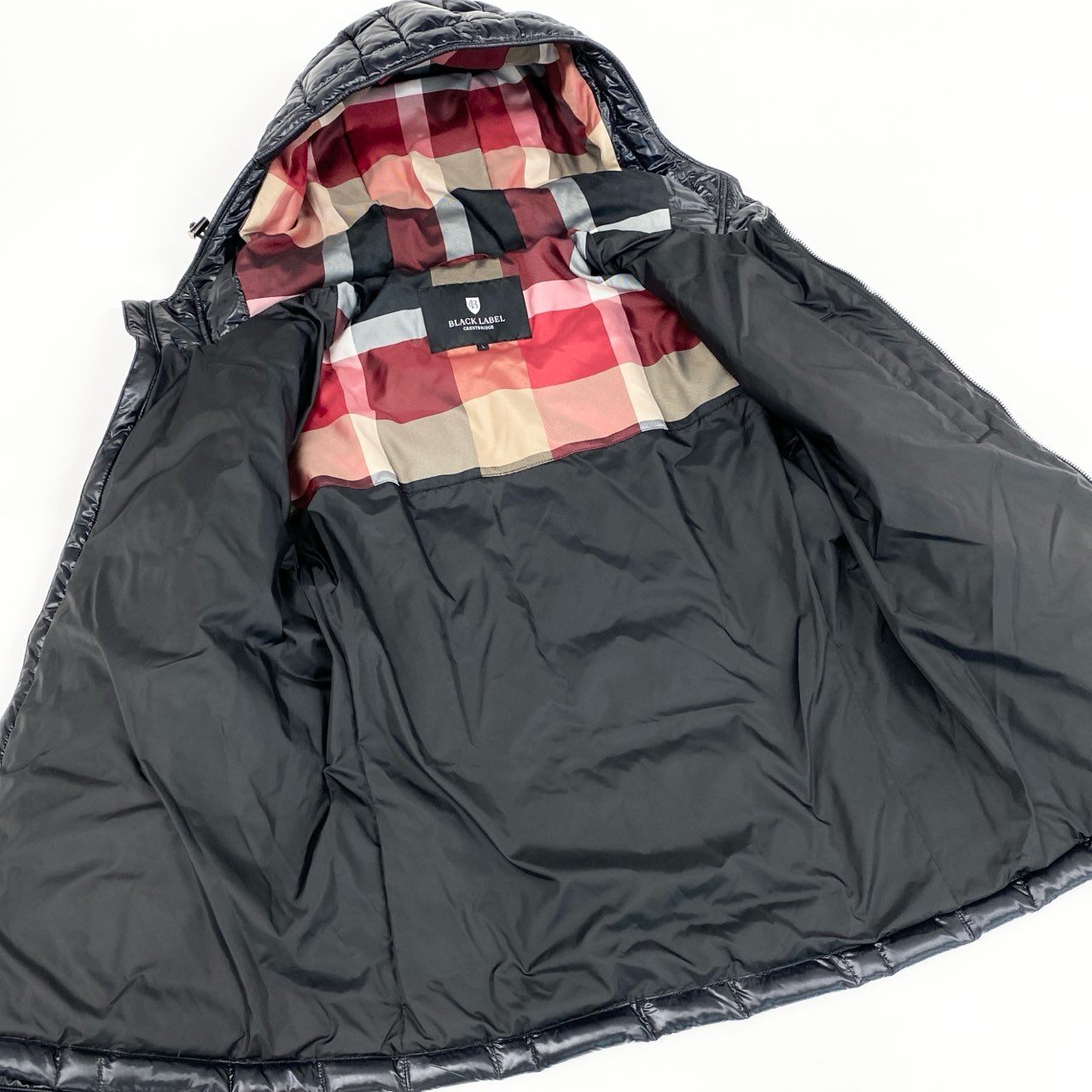 36d8 BLACK LABEL CRESTBRIDGE ブラックレーベル クレストブリッジ ダウンジャケット フード付き ジップアップ 袖ロゴワッペン L ブラック