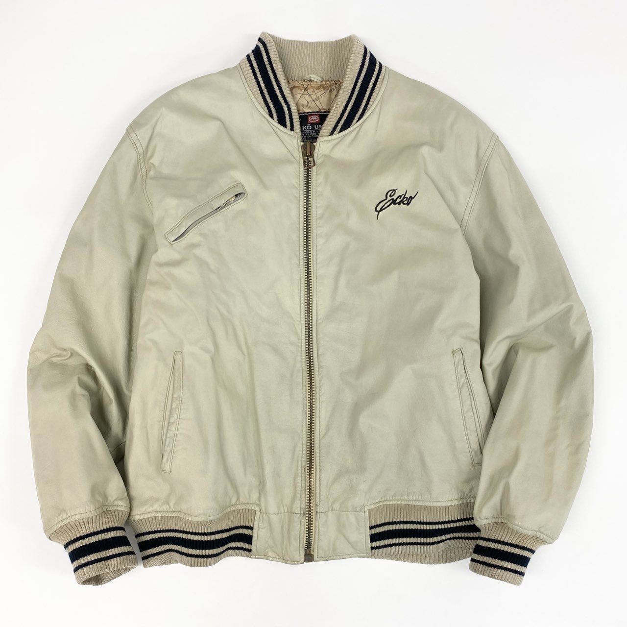 49f2 THE ECKO UNLTD エコー 90s レザージャケット ブルゾン 裏地総柄 世界地図 大きいサイズ 古着 VINTAGE ヴィンテージ XLサイズ ライトベージュ 牛革