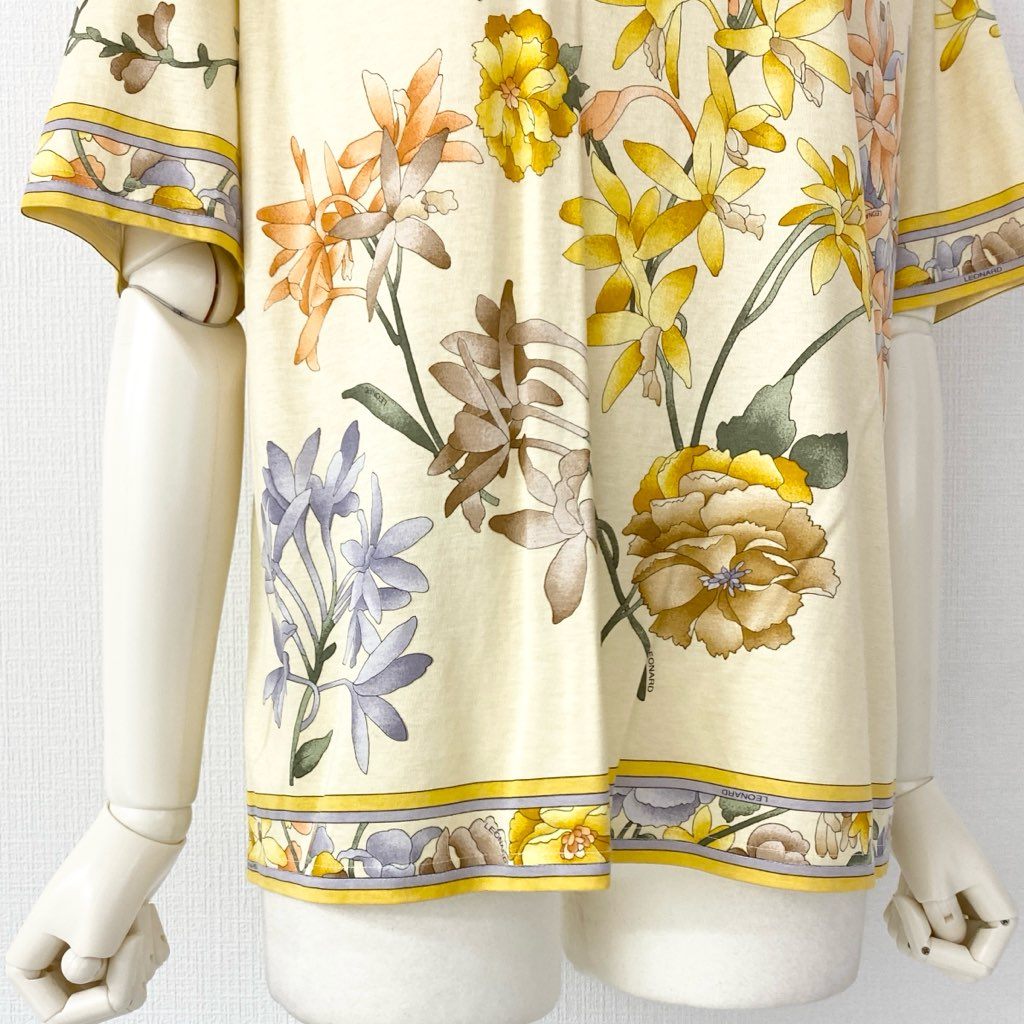4e8 日本製 LEONARD レオナール 美しい花柄プリント 半袖Tシャツ カットソー トップス LL マルチカラー コットン100% レディース