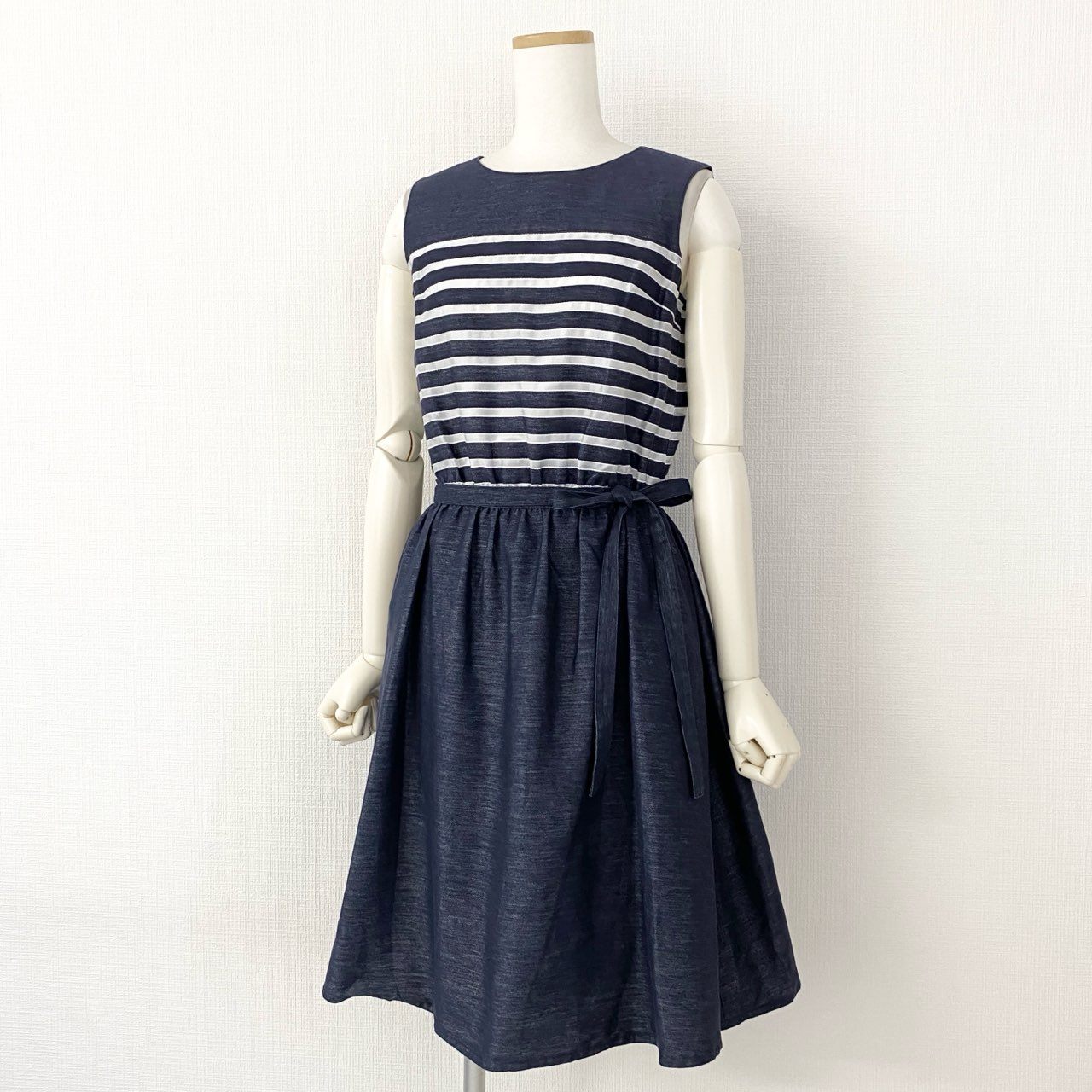 54d14 【美品】 Rene ルネ ノースリーブワンピース デニムワンピース オーガンジー ボーダー ウエストベルト付き 6626330 サイズ34 インディゴブルー×ホワイト レディース 日本製 夏