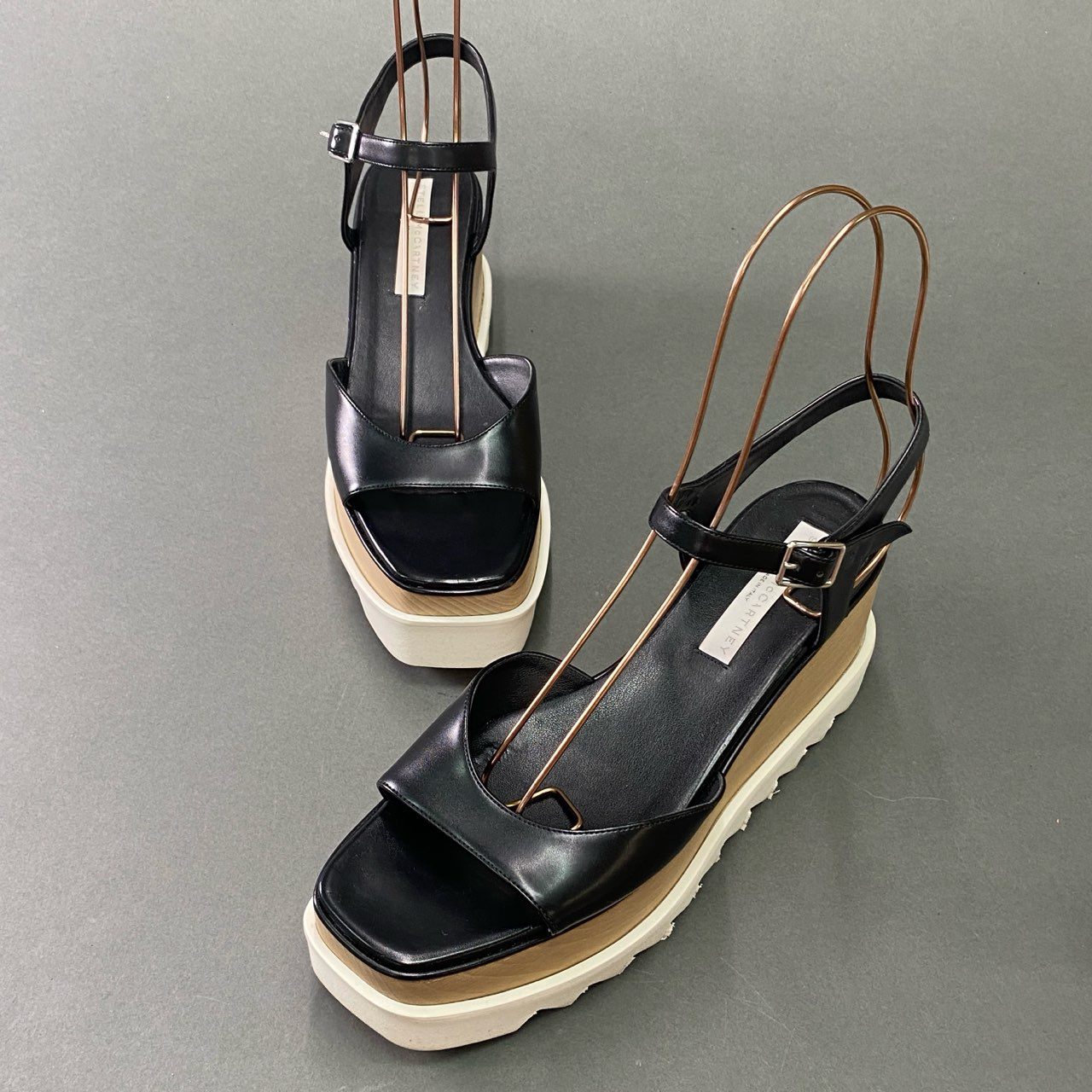 7b14 STELLA McCARTNEY ステラマッカートニー プラットフォームサンダル 40 ブラック レザー ウッド 厚底 シューズ イタリア製