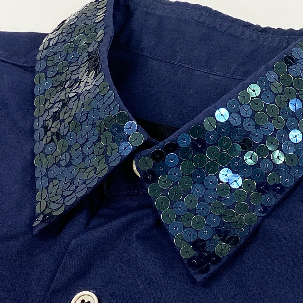 10F11 COMME des GARCONS tricot トリコ コムデギャルソン AD2001 襟スパンコールデザイン 半袖シャツ サイズM ネイビー レディース デザイナーズ